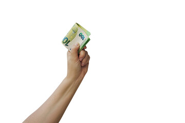 Fototapeta na wymiar A stack of euro banknotes held in a hand, isolated against a plain background. A thick roll of euro banknotes.