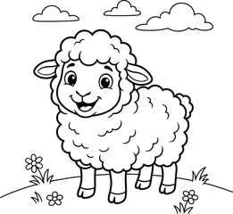 Obraz premium Cute cartoon lamb standing in a field with flowers and clouds isolated on transparent background