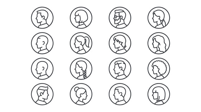 Set of minimalist black outline profile circle avatars of diverse people heads