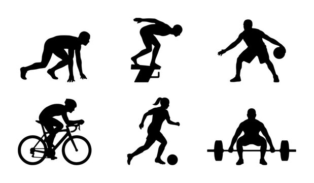Athletic sports silhouettes set, 6 black vector icons of athletes. Professional competition figures for gym and fitness branding.