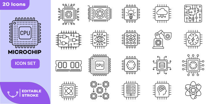 Microchip Processor Technology Line Icon Set. CPU Semiconductor Electronics Outline Symbol Collection with Circuit Board, RAM, AI Chip, Neural Network and Quantum Computing Icons. Editable Stroke 