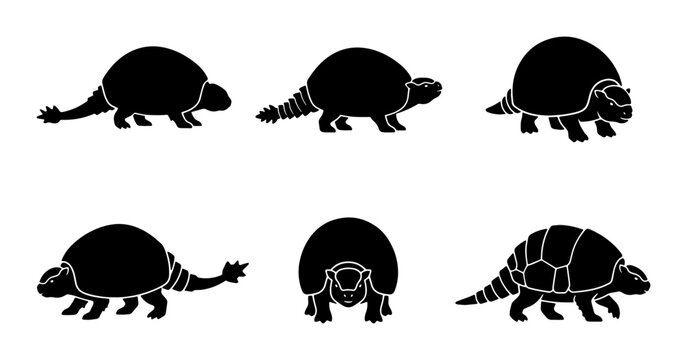 Glyptodon dinosaur silhouette set, prehistoric armadillo mammal vector icons, extinct ice age animal collection