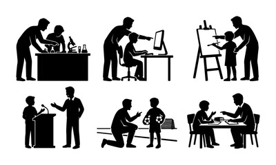 Fototapeta premium 80 Education Icons Set: Teacher Guiding Student in Science Lab, Computer, Art Class, Public Speaking, Sports, and Study 100