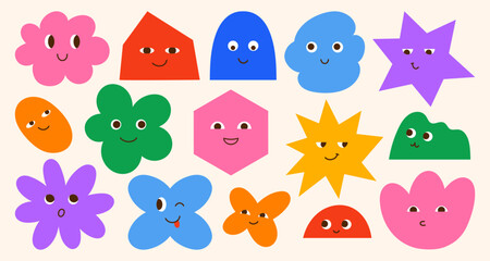 Fototapeta premium Cute colorful abstract shape characters with funny faces. Set of playful geometric and organic shapes including flowers, stars, clouds, blobs. Cartoon style illustrations for kids, education, stickers