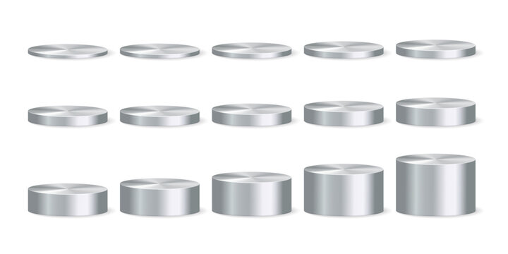 Realistic Silver Cylinder Podium Mockup Set with Multiple Heights, Round Metal Display Pedestal for Product Presentation, Blank 3D Vector Illustration