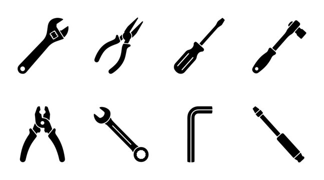 80 Set of 8 Black Silhouette Icons: Wrench, Pliers, Screwdriver, Ratchet, Allen Key, Tools Collection for DIY, Repair, Construction, and Maintenance Concepts 100