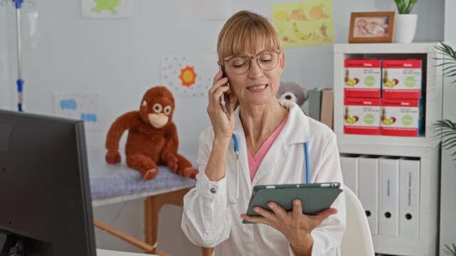 Woman doctor with stethoscope holding smartphone to ear and tablet in hand in clinic exam room with child toys and exam table visible; concern telehealth.