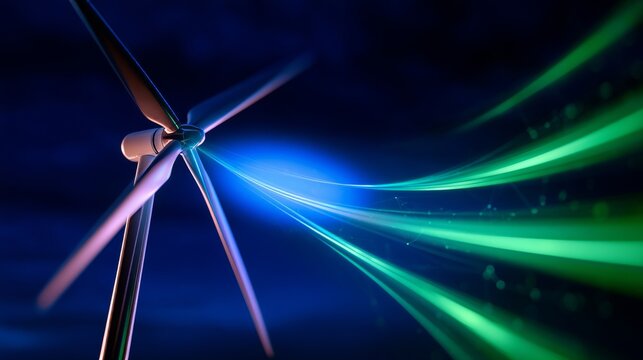 Wind turbine producing green energy, connecting with flowing data streams over a city at night