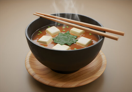 Hot steaming miso soup in a black bowl with tofu and seaweed, 3d render style