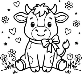 Fototapeta premium Cute cartoon cow with flowers and hearts isolated on transparent background