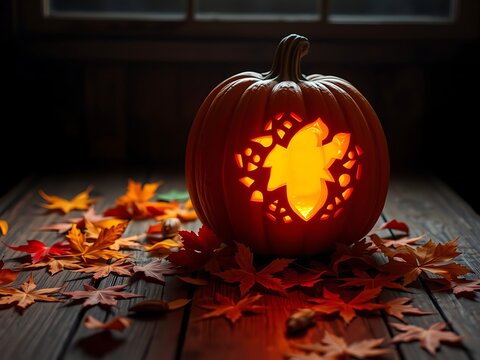 Carved pumpkin with a glowing maple leaf design surrounded by colorful autumn leaves on a dark wooden table