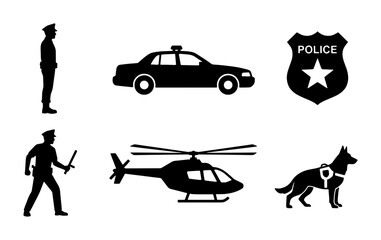 Police Icons Set: Officer, Patrol Car, Helicopter, K9 Dog, Badge, Vector Graphics for Law Enforcement © Farhana