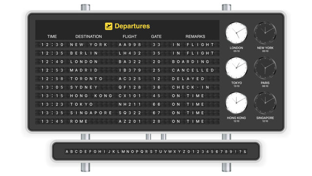 Realistic Airport Departure Flip Board Display with World Clocks, Mechanical Split Flap Flight Information Board, Vintage Airport Timetable Vector Illustration