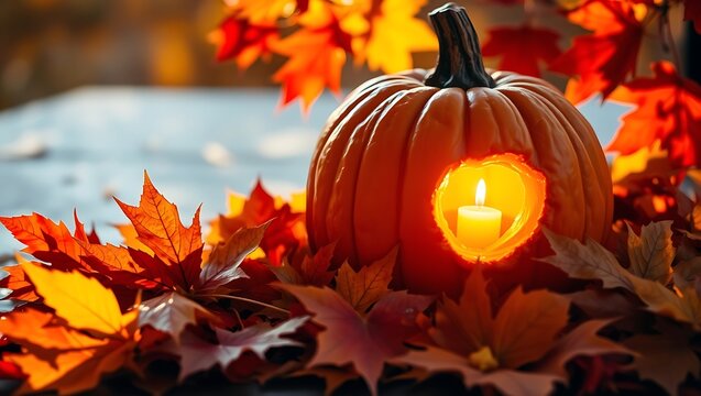 Orange pumpkin with a glowing candle light inside surrounded by colorful autumn leaves