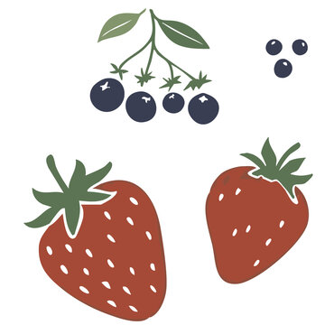Fresa. Dos fresas rojas maduras con s&eacute;palos y hojas verdes, ilustraci&oacute;n vectorial. Ilustraci&oacute;n de fruta estilo linograbado, fondo transparente PNG.