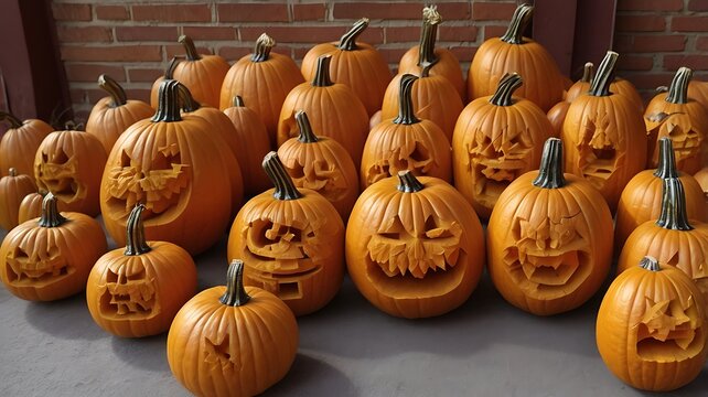 Many orange carved pumpkins with scary faces for halloween standing in front of a dark brick wall