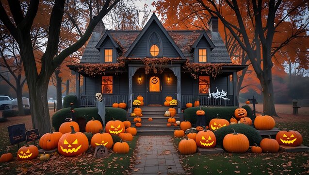 Spooky haunted house decorated with many glowing jack o lantern pumpkins for halloween in autumn