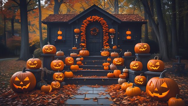 Many glowing jack o lanterns decorated on the steps of a dark house for halloween celebration
