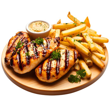 Grilled chicken breasts with french fries and sauce on wooden board
