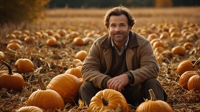 Happy middle aged man sitting in a large pumpkin patch during a sunny autumn afternoon