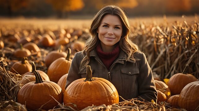 Smiling young woman standing in a pumpkin patch during autumn sunset