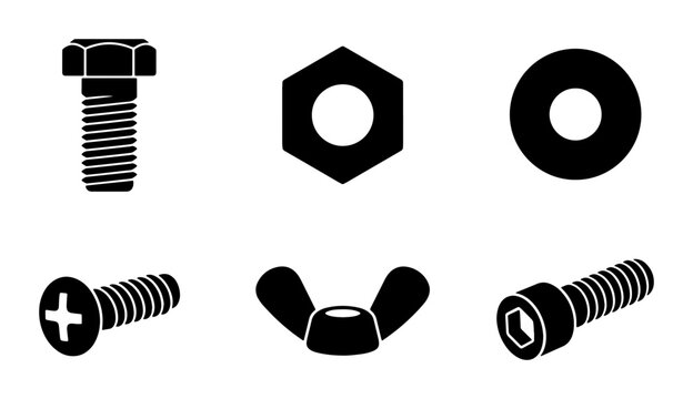 Set of 6 Black Vector Fasteners: Bolt, Nut, Washer, Screw, Wing Nut, Hex Bolt Icons