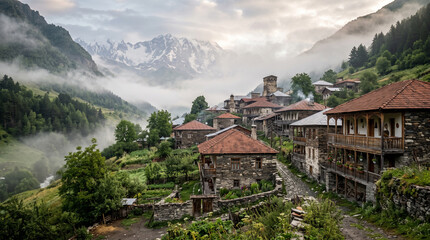 Obraz premium mountain village architecture with traditional stone houses, wooden balconies, and snow-capped peaks in the mist
