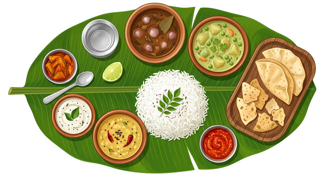 Traditional south indian vegetarian meal served on a banana leaf with rice, curries, and accompaniments.