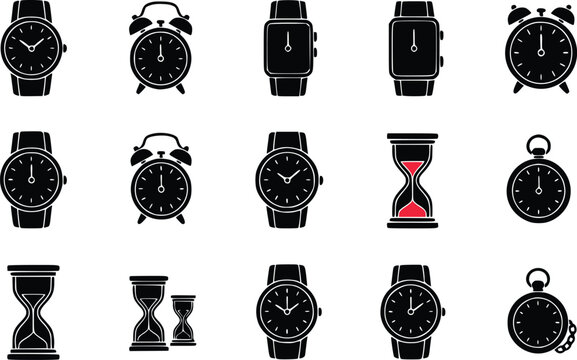 Set of black watch and clock icons showing different types of time measurement