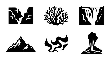 Fototapeta premium Nature Icons Set: Mountains, Waterfall, Canyon, Coral, Fire, Volcano, Vector Graphics