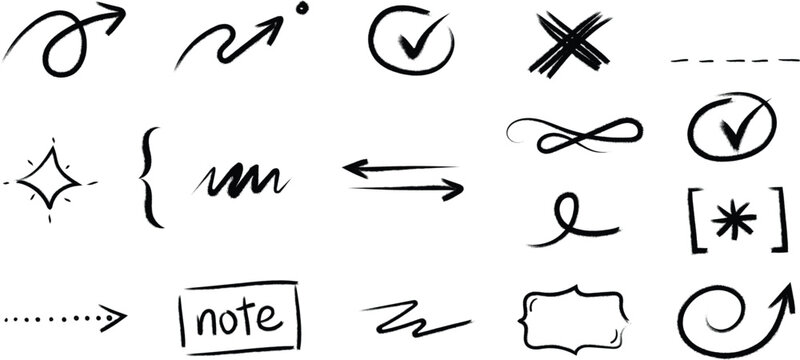 Collection of hand drawn doodle elements including arrows check marks stars and various decorative sketch shapes