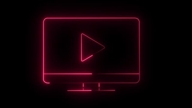 Red neon play button on dark screen