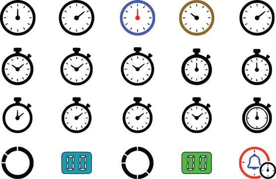 Set of black clock and stopwatch icons for time measurement and scheduling tasks