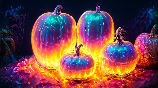 Group of glowing neon pumpkins with vibrant colorful light effects for halloween celebration