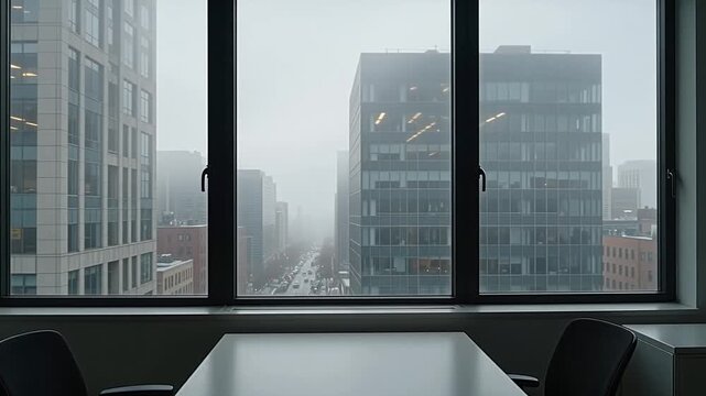 A static cinematic shot looking out from a corporate office window onto a dense urban skyline shrouded in thick white fog.