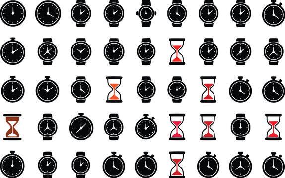 Set of black wrist watches and hourglass icons isolated on white background