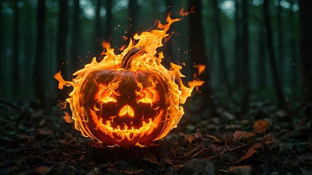 Spooky burning pumpkin lantern with fire flames in a dark forest during halloween night