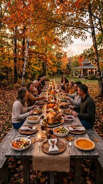 Thanksgiving day outdoor feast with family gathered at long autumn table
