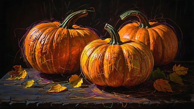 Three orange pumpkins sitting on a wooden table with autumn leaves in a dark moody setting