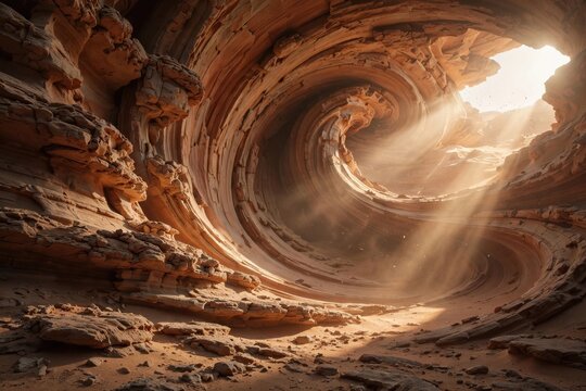 Sunlight streaming into a natural sandstone spiral cave formation with desert rock textures.