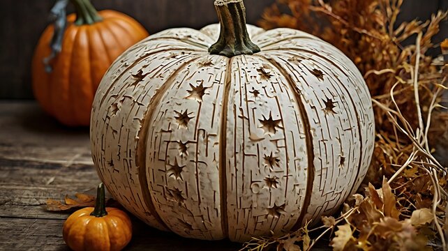 Carved white pumpkin with star patterns and autumn leaves on a rustic wooden background for halloween celebration