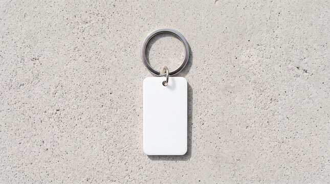 Blank White Acrylic Rectangle Keychain Mockup on Light Grey Concrete Surface