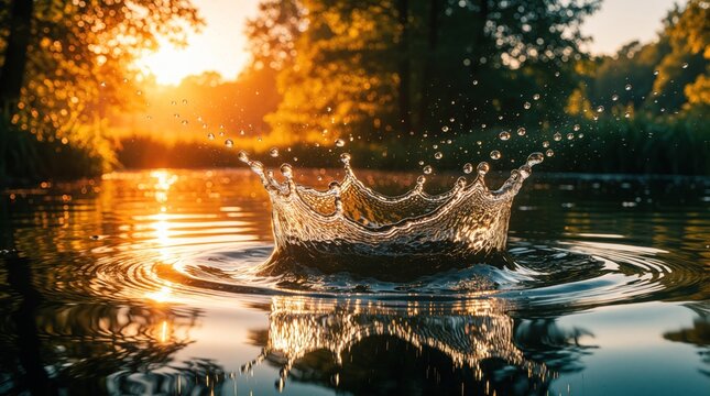 Golden hour sun illuminates water splash creating crown shape. Ripples spread on calm lake surface with trees reflecting warm light. Evening scene shows droplet motion.