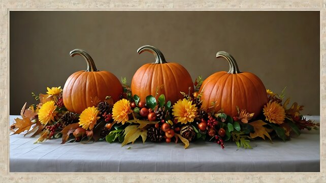 Three orange pumpkins with autumn flowers and dry leaves on a rustic table