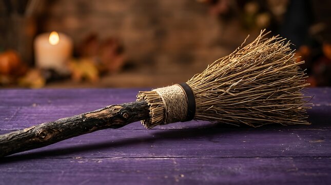 A rustic wooden witch broomstick placed on a purple wooden surface for a spooky halloween holiday celebration background