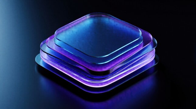 Abstract digital technology layers stack in neon blue, purple light. Glowing translucent glass plates create futuristic data network diagram on dark background. Concept for software architecture,