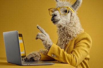 Naklejka premium Smart alpaca wearing yellow glasses and matching suit jacket using modern laptop computer sitting at desk against yellow background