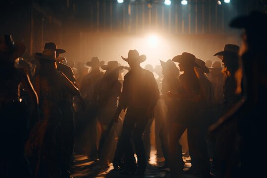 Silhouetted cowgirls and cowboys line dancing inside a rustic wooden barn illuminated by bright overhead stage lights