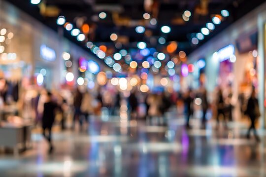 Blurred shopping mall interior corridor filled with anonymous walking shoppers and bright store lights. Defocused commercial building atrium bokeh background