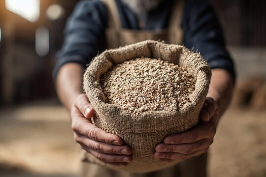 Farmer holding burlap sack filled with grain. Agricultural worker presenting harvest produce inside rustic barn. Natural harvest food production theme
